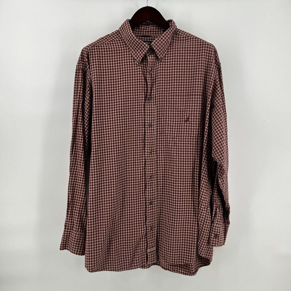 Nautica Shirt Mens 3X Maroon Tan Gingham Cotton Long Sleeve Nautical Coastal